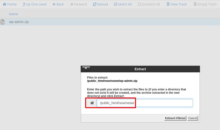 Menentukan lokasi file extract File Manager