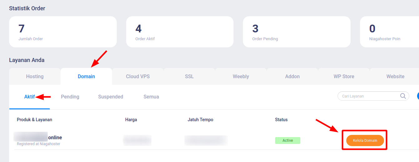 Menu kelola domain Niagahoster