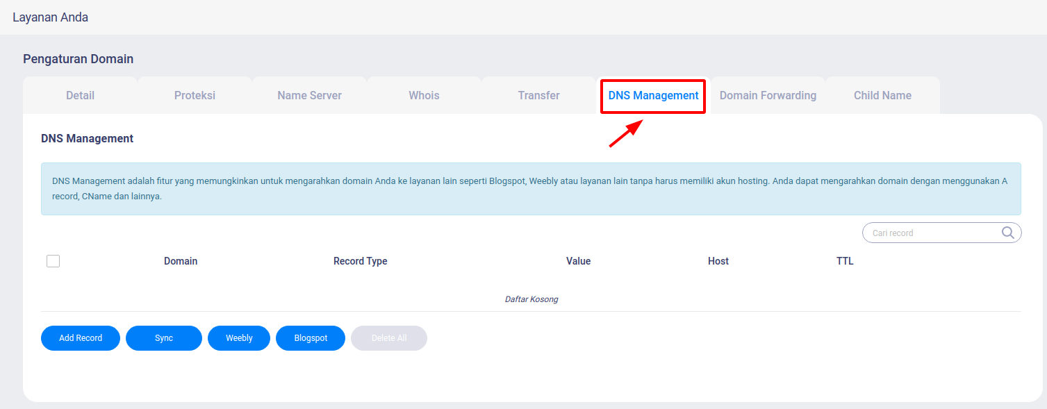 Menu DNS Management Niagahoster