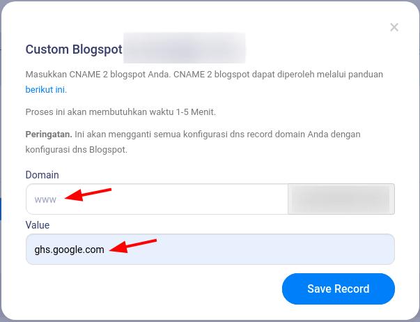 Menambahkan CNAME Blogspot Niagahoster