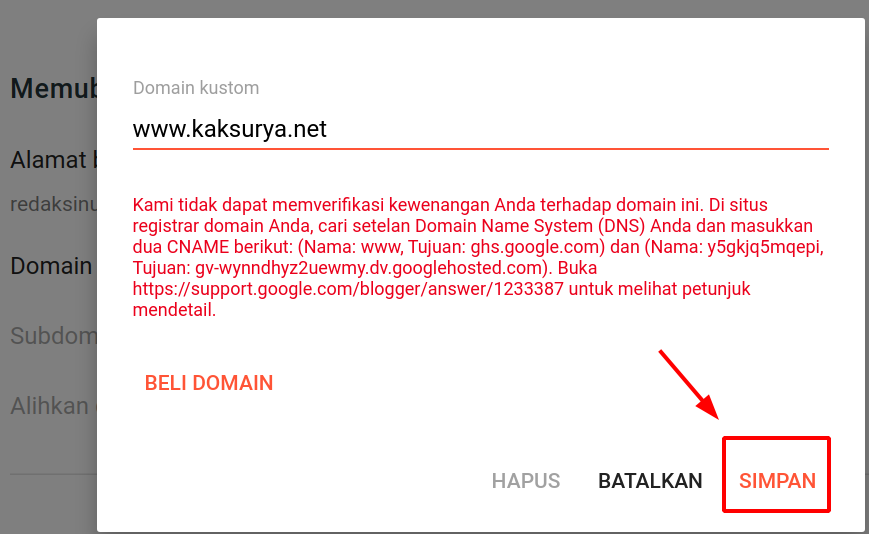 Menyimpan domain kustom Blogspot