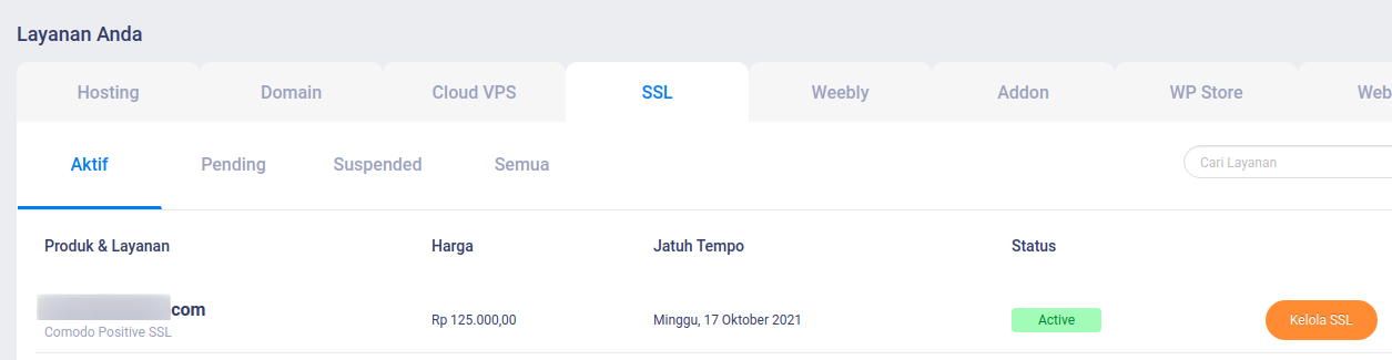 Panel SSL Comodo Niagahoster
